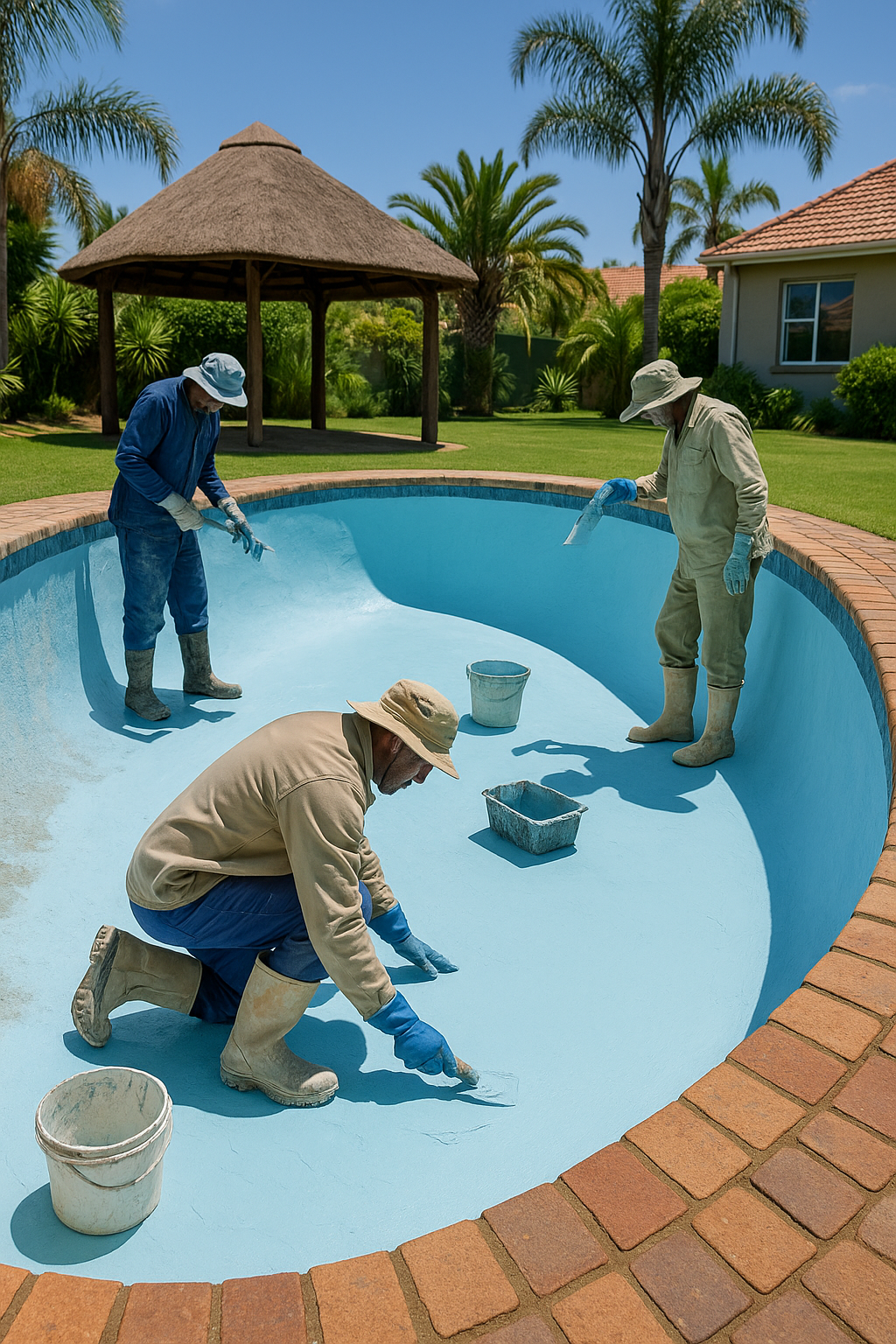 800x1080 Three workers resurfacing an empty swimming pool in a residential backyard, applying a fresh blue coating with tools and buckets around them, showcasing Skynet Pools’ expert renovation and maintenance service.