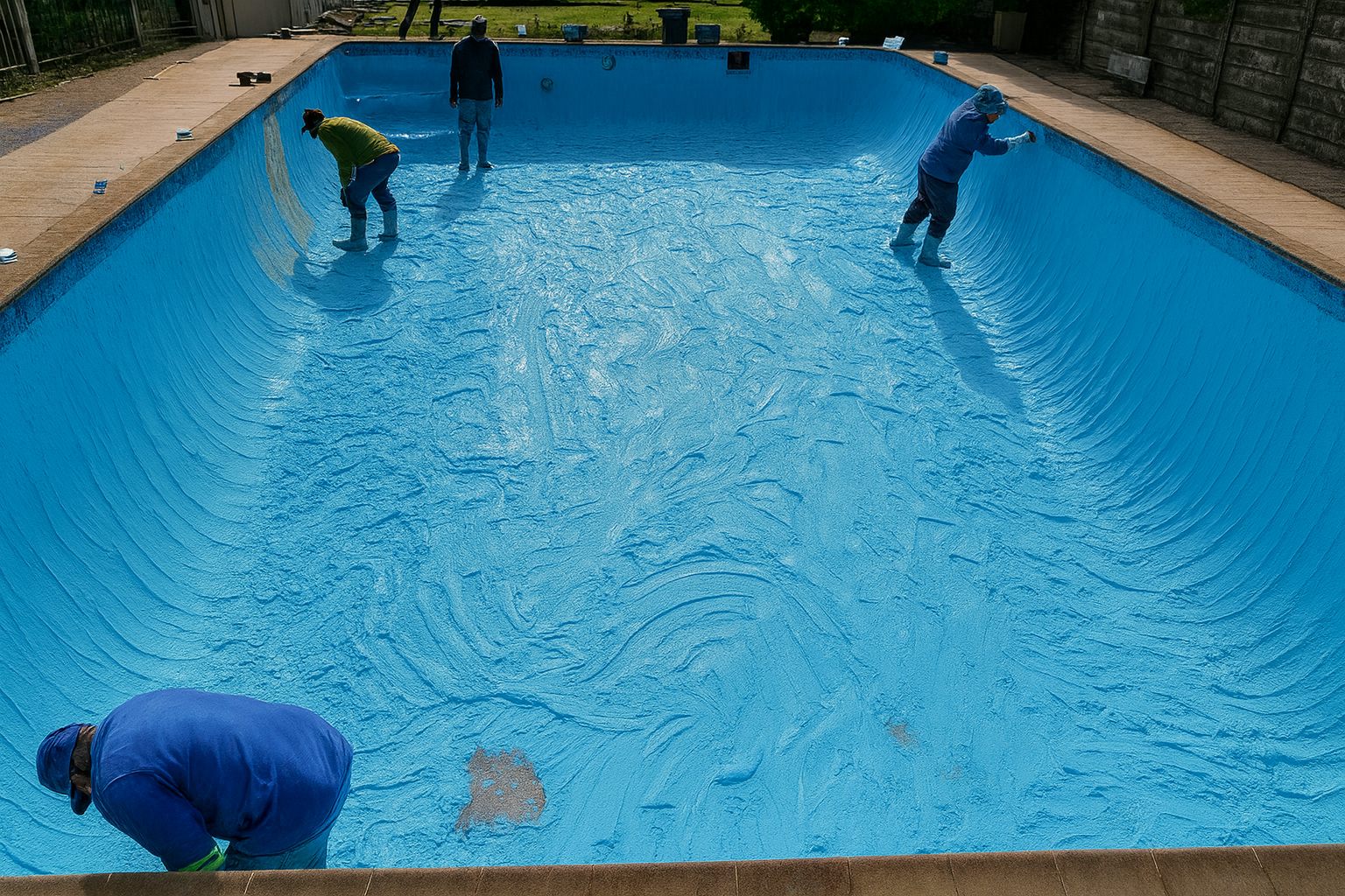 Skynet Pools – Professional Pool Resurfacing and Surface Preparation Workers resurfacing a large empty swimming pool with a fresh blue coating, smoothing and preparing the surface from shallow to deep end, showcasing Skynet Pools’ expert renovation and repair services.